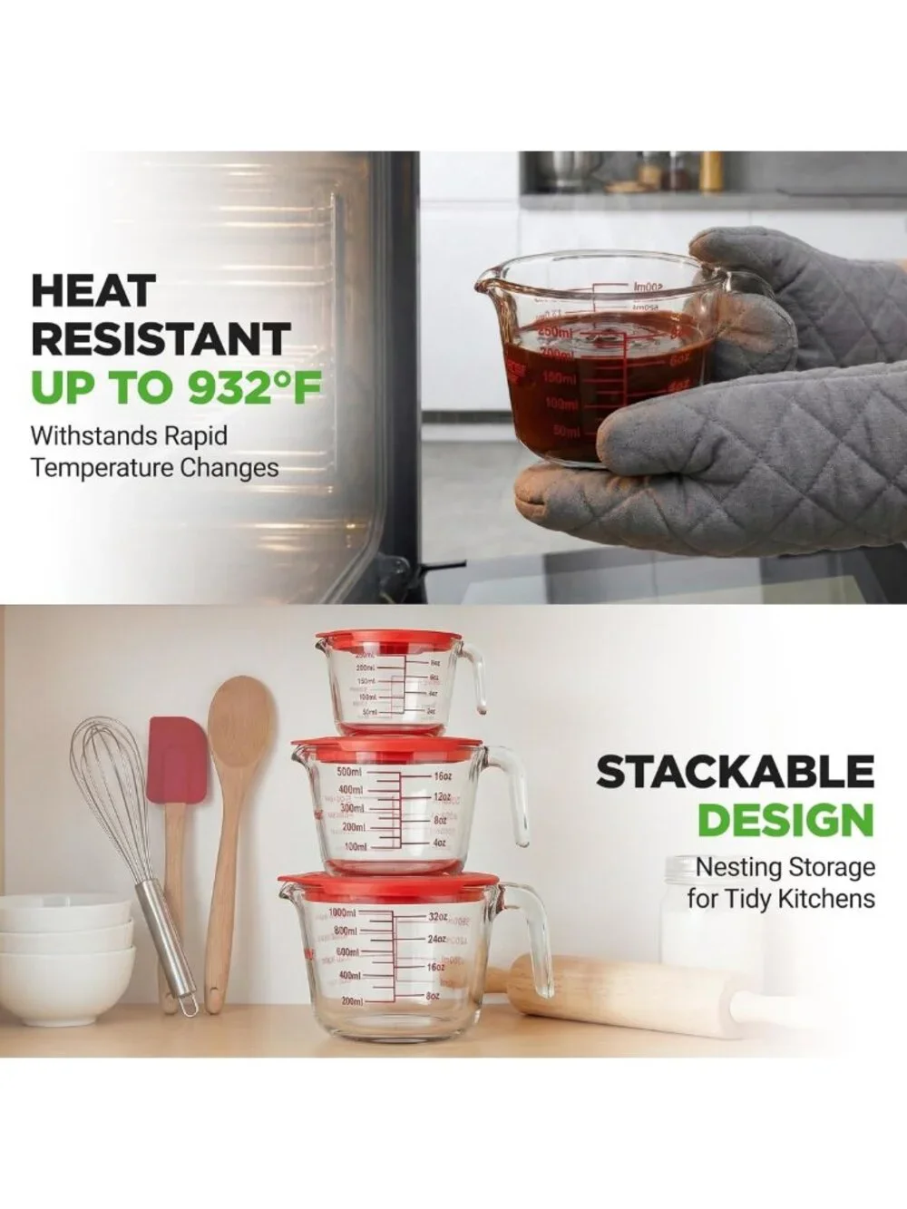 Set of 3 Heat-Resistant Glass Measuring Cups with Lids - Easy-Read Scale for